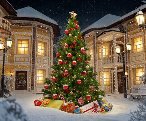 Christmas Decoration Town Square Xmas Tree Photo Backdrop DBD11