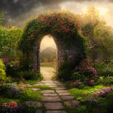 Fondo de jardín con arco de flores mágicas de primavera D1015