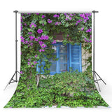 Blue Window Flowers Green Leaves Photo Backdrop  G-250