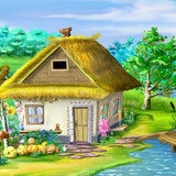 Cartoon Traditional Old Village Digital Painting Backdrop G-597