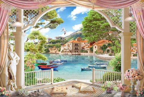 Beautiful Scenery Blue Sea Village Photo Booth Backdrop G-603