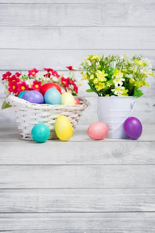 Spring Flowers Easter Eggs White Wood Floor Photo Backdrop GE-044