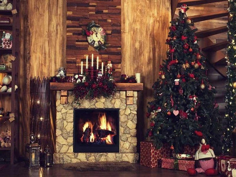 Christams Tree  Fireplace Wood Room Photo Studio Backdrop KAT-17