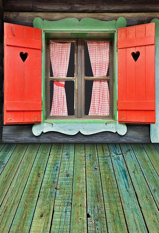 Red Window Green Wood Floor Backdrop for Photography S-2643