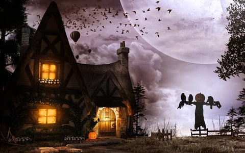 Halloween Night scene Scarecrow Pumpkin Small Cottage Backdrop