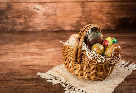 Easter Backdrop Easter Eggs Basket Brown Wood Floor Photo Backdrop SH128