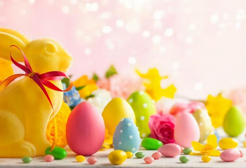 Easter Bunny Flowers Easter Eggs Bokeh Backdrop for Photos SH152