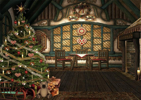 Chritsmas Tree Vintage House Photo Booth Backdrop