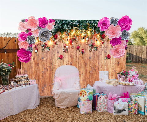 Garlands Lights Rustic Wood Backdrop for Photography