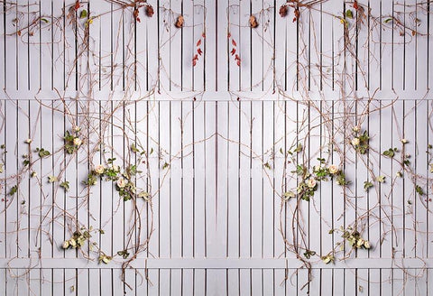 White Wooden Fence Twined with Roses Backdrop for Photography