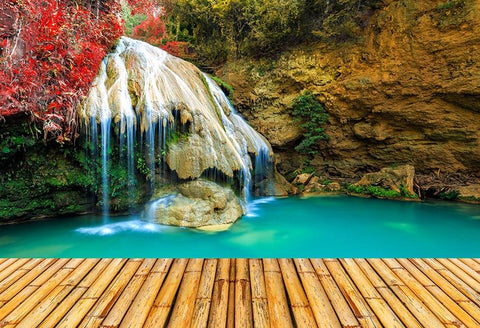 Autumn Maple Leaves Mountain Flowing Water Wood Backdrop